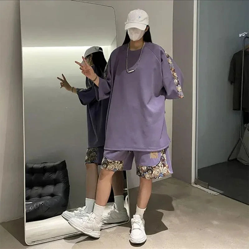 Sweatshirts Tracksuit T-shirts Shorts Suits For Men Spliced Graphic Sweatsuit Cotton Man Sets Luxury Offer Youthful Emo Kpop Xl