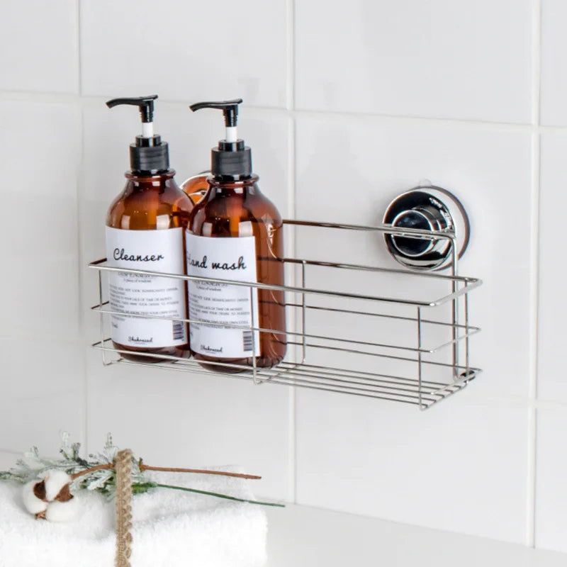 Bathroom Shelf Organizer Shower Storage Rack Stainless Steel Wall Mounted Toilet Shampoo Holder No Drill Vacuum Suction Cup