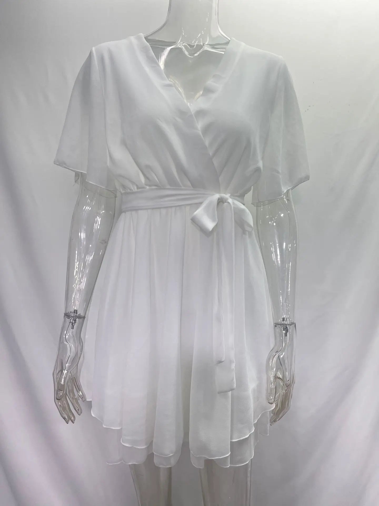Women White Black Dress Summer Sexy V-neck Cross Strap Mini Skirt Ruffled Hem Chiffon Dress Female Fashion Casual Beach Dresses