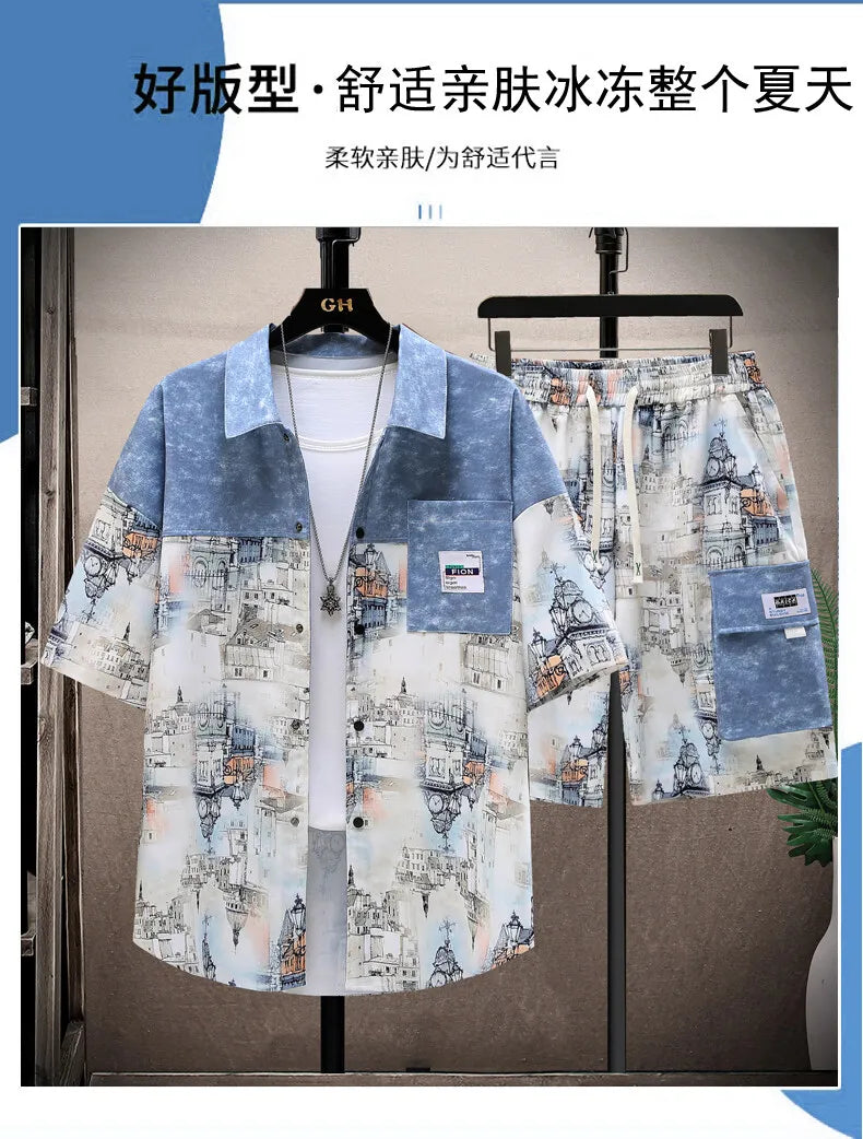 Shirts + shorts 2025 summer Sportswear Men's fashion short sleeve printing Sets Male shirts and shorts Casual Shirts Two Piece