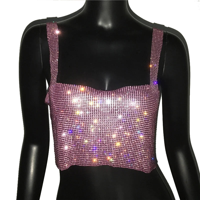 2025 Glitter Nightclub Backless Rhinestone Tank Top Women Sexy Metal Crystal Diamonds Sequined Night Club Party Wear Crop Top