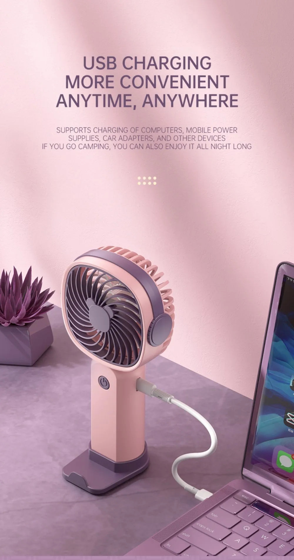 Portable Mini Fan USB Outdoor Handheld Fan with Desktop Phone Holder 3Wind Adjustments Long Working Life Multi-function Mini Fan