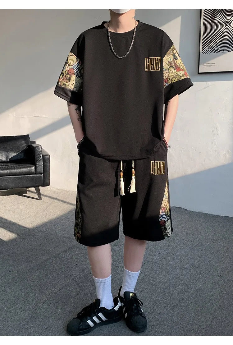 2025 Summer Leisure Men Set Bear Graffiti Tees T-shirt+shorts 2-piece Comfortable and Breathable for Men Top Print Tshirts Sets