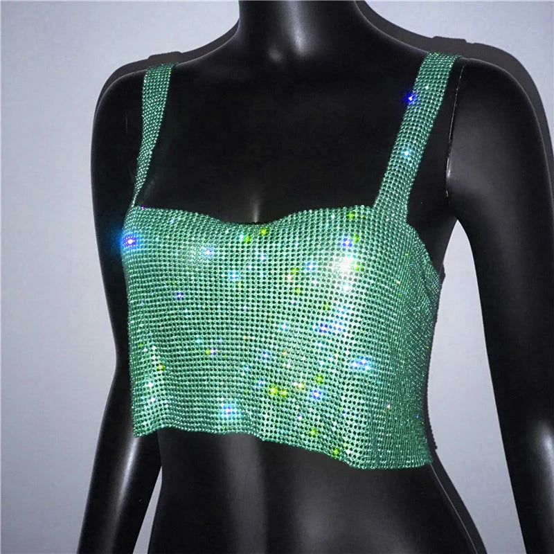 2025 Glitter Nightclub Backless Rhinestone Tank Top Women Sexy Metal Crystal Diamonds Sequined Night Club Party Wear Crop Top