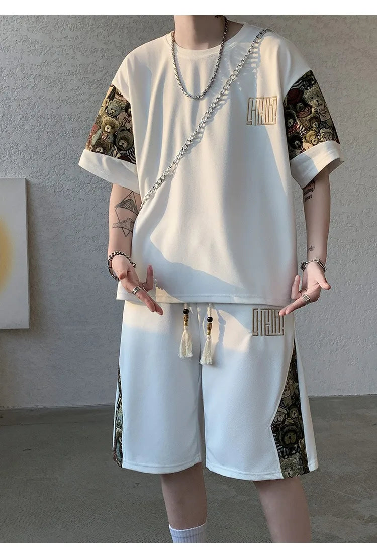 2025 Summer Leisure Men Set Bear Graffiti Tees T-shirt+shorts 2-piece Comfortable and Breathable for Men Top Print Tshirts Sets