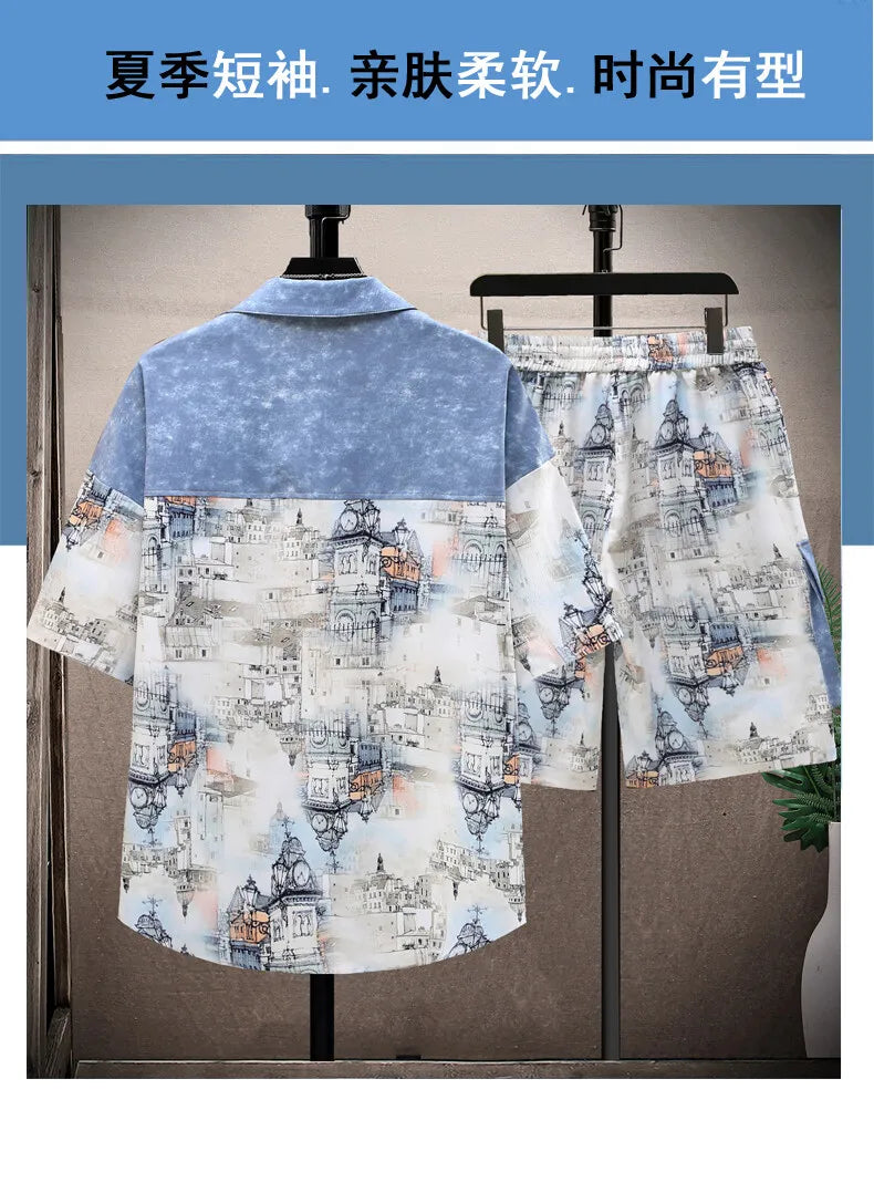 Shirts + shorts 2025 summer Sportswear Men's fashion short sleeve printing Sets Male shirts and shorts Casual Shirts Two Piece