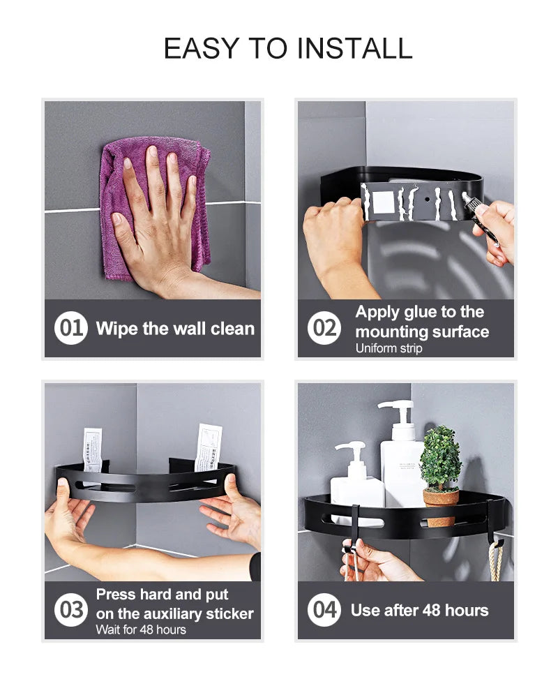Bathroom Shelf Organizer Shower Storage Rack Black Corner Shelves Wall Mounted Aluminum Toilet Shampoo Holder No Drill