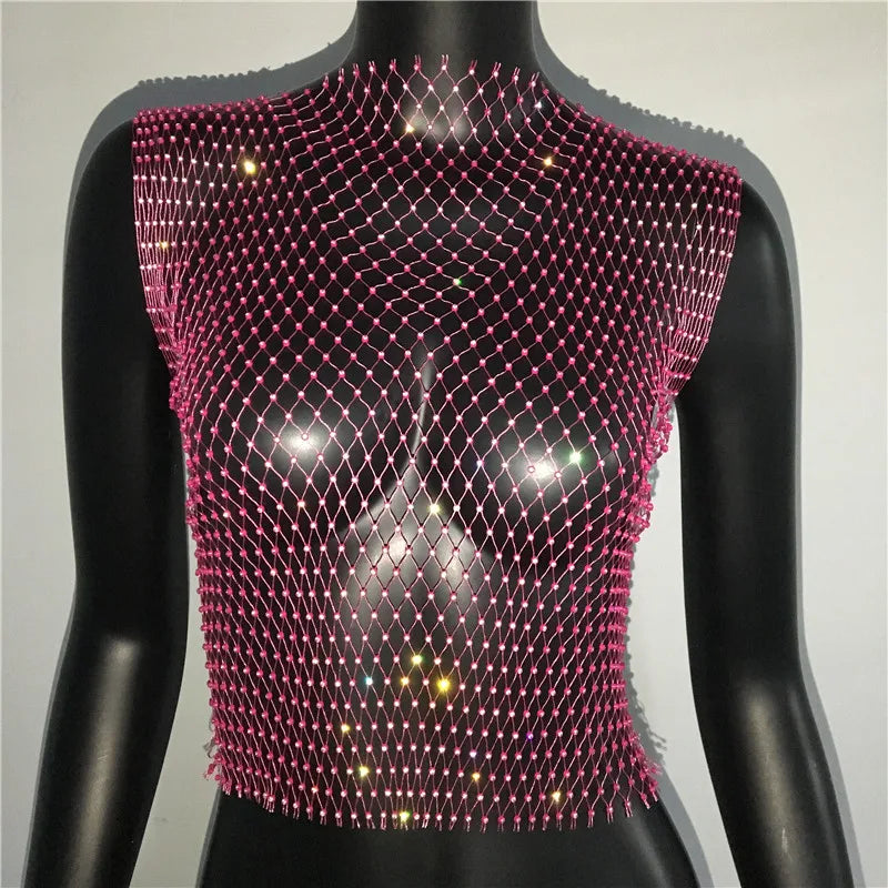 FestivalQueen Sexy Diamonds Mesh Cropped Tank Top Women Summer Cover Up Bikini See Through Rhinestone Net Party Club Crop Top