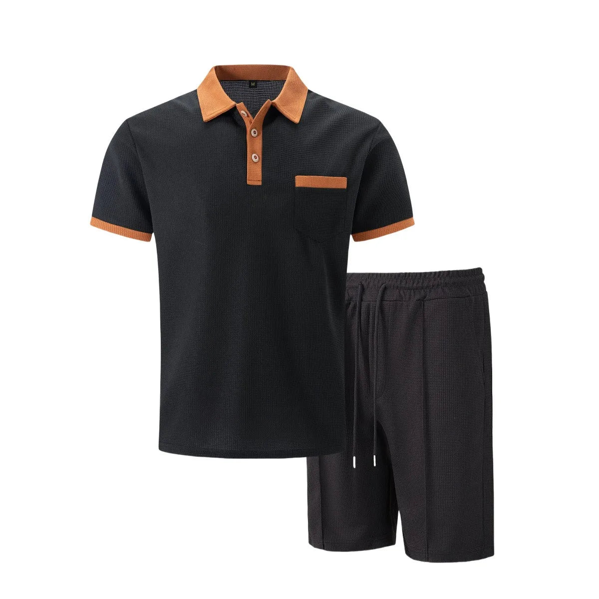 2025 summer new men waffle pocket color matching POLO shirt short sleeve shirt T-shirt shorts two sets