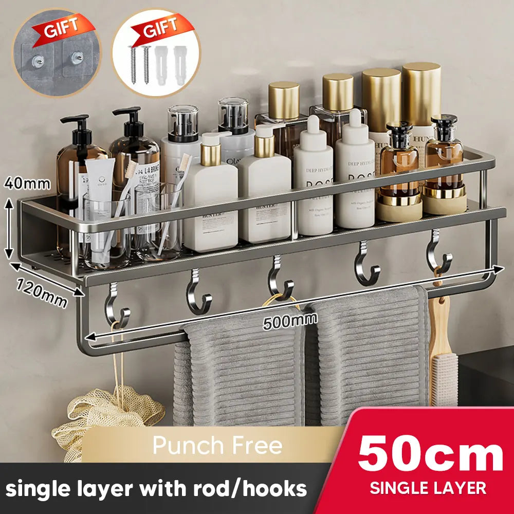 30/40/50CM Punch-Free Bathroom Shelf Shampoo Rack Aluminum Shower Organiser Without Drilling Toilet Shelf Bathroom Accessories