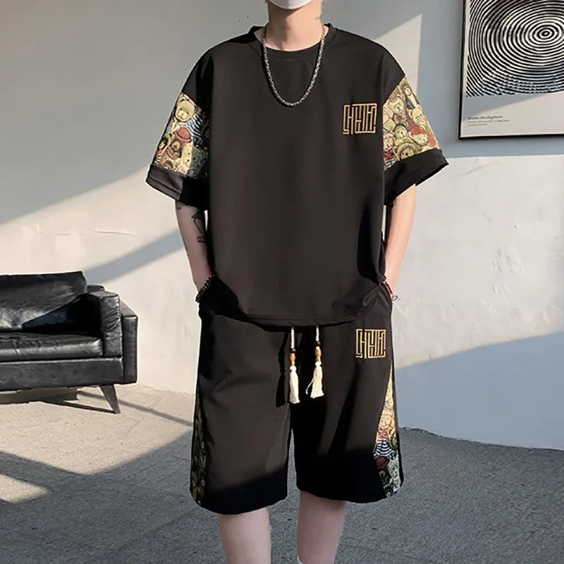 2025 Summer Leisure Men Set Bear Graffiti Tees T-shirt+shorts 2-piece Comfortable and Breathable for Men Top Print Tshirts Sets
