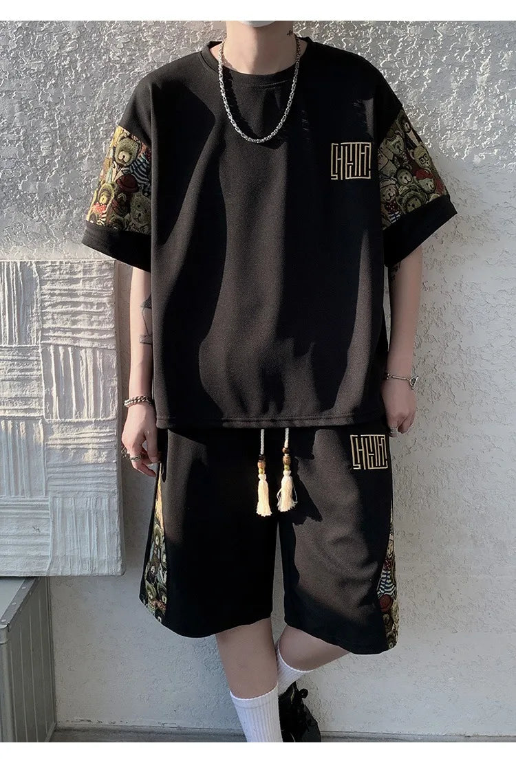 2025 Summer Leisure Men Set Bear Graffiti Tees T-shirt+shorts 2-piece Comfortable and Breathable for Men Top Print Tshirts Sets