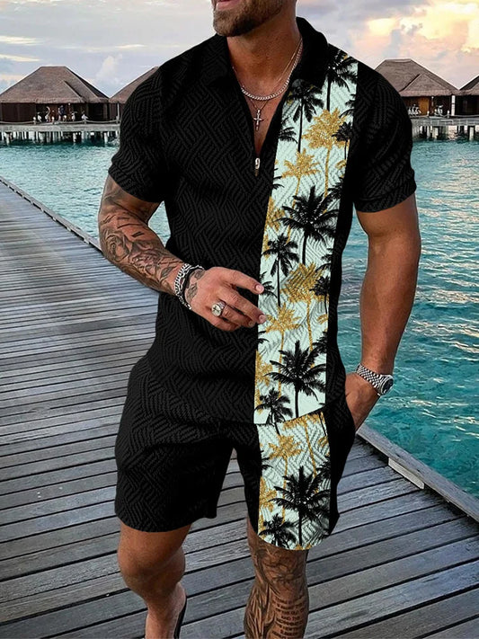 Funny Coconut Tree Print Men's Sets Summer Fashion Zip Polo Short Sleeve Tops +Shorts Outfit Hawaiian Beach Vacation Casual Suit