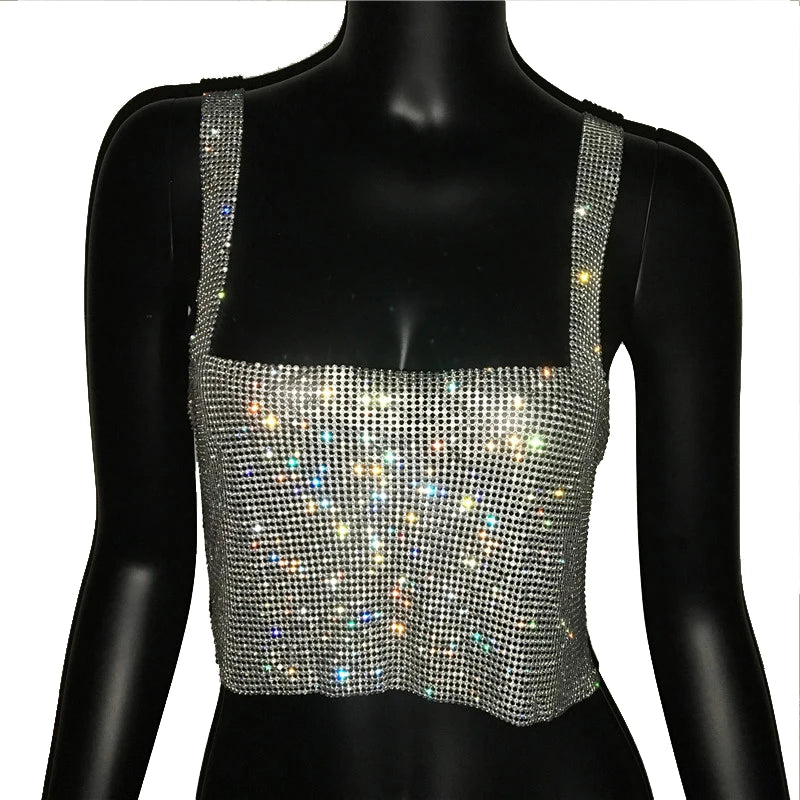 2025 Glitter Nightclub Backless Rhinestone Tank Top Women Sexy Metal Crystal Diamonds Sequined Night Club Party Wear Crop Top