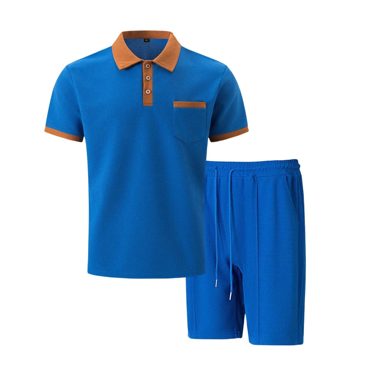 2025 summer new men waffle pocket color matching POLO shirt short sleeve shirt T-shirt shorts two sets