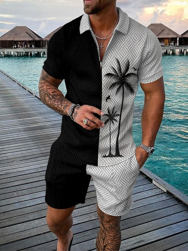 Funny Coconut Tree Print Men's Sets Summer Fashion Zip Polo Short Sleeve Tops +Shorts Outfit Hawaiian Beach Vacation Casual Suit
