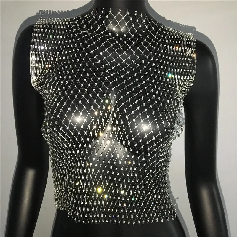 FestivalQueen Sexy Diamonds Mesh Cropped Tank Top Women Summer Cover Up Bikini See Through Rhinestone Net Party Club Crop Top