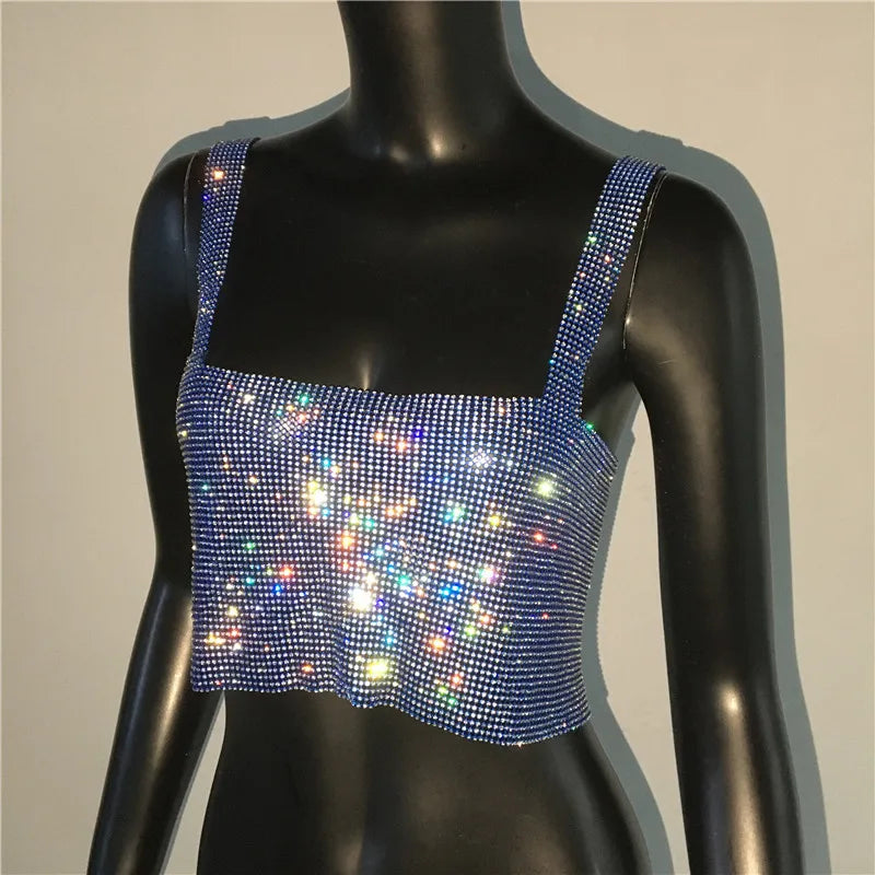2025 Glitter Nightclub Backless Rhinestone Tank Top Women Sexy Metal Crystal Diamonds Sequined Night Club Party Wear Crop Top