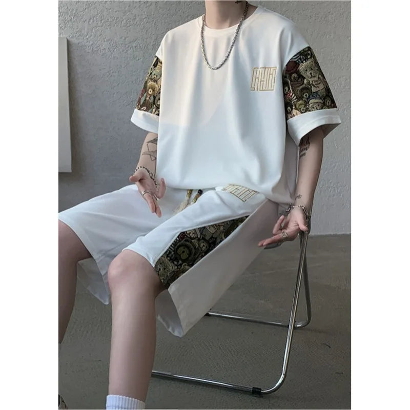 2025 Summer Leisure Men Set Bear Graffiti Tees T-shirt+shorts 2-piece Comfortable and Breathable for Men Top Print Tshirts Sets