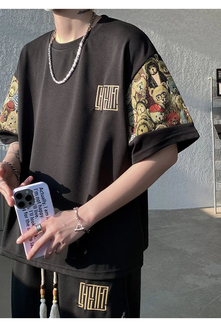 2025 Summer Leisure Men Set Bear Graffiti Tees T-shirt+shorts 2-piece Comfortable and Breathable for Men Top Print Tshirts Sets