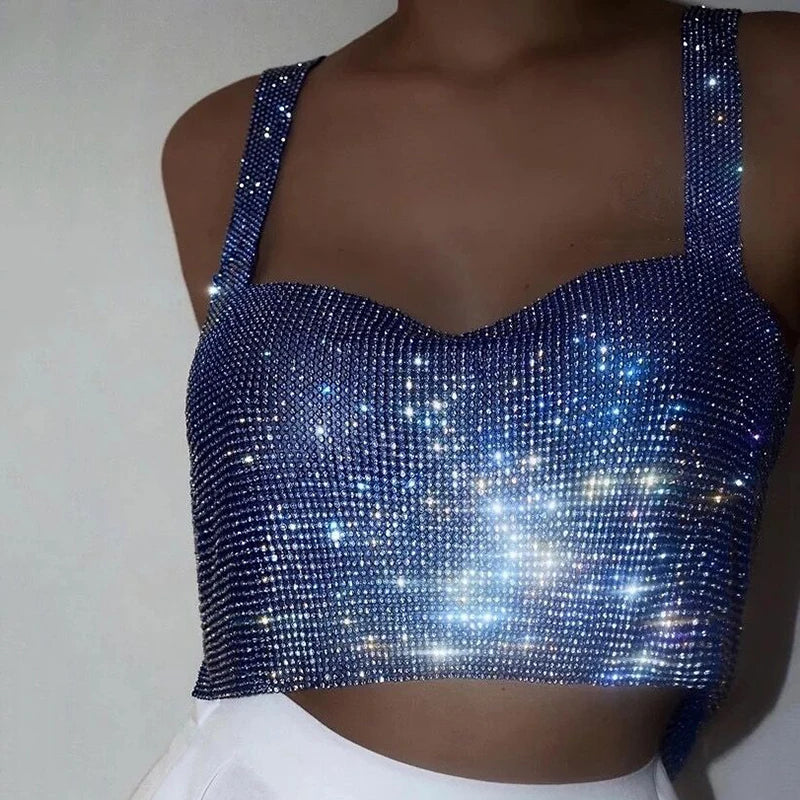 2025 Glitter Nightclub Backless Rhinestone Tank Top Women Sexy Metal Crystal Diamonds Sequined Night Club Party Wear Crop Top