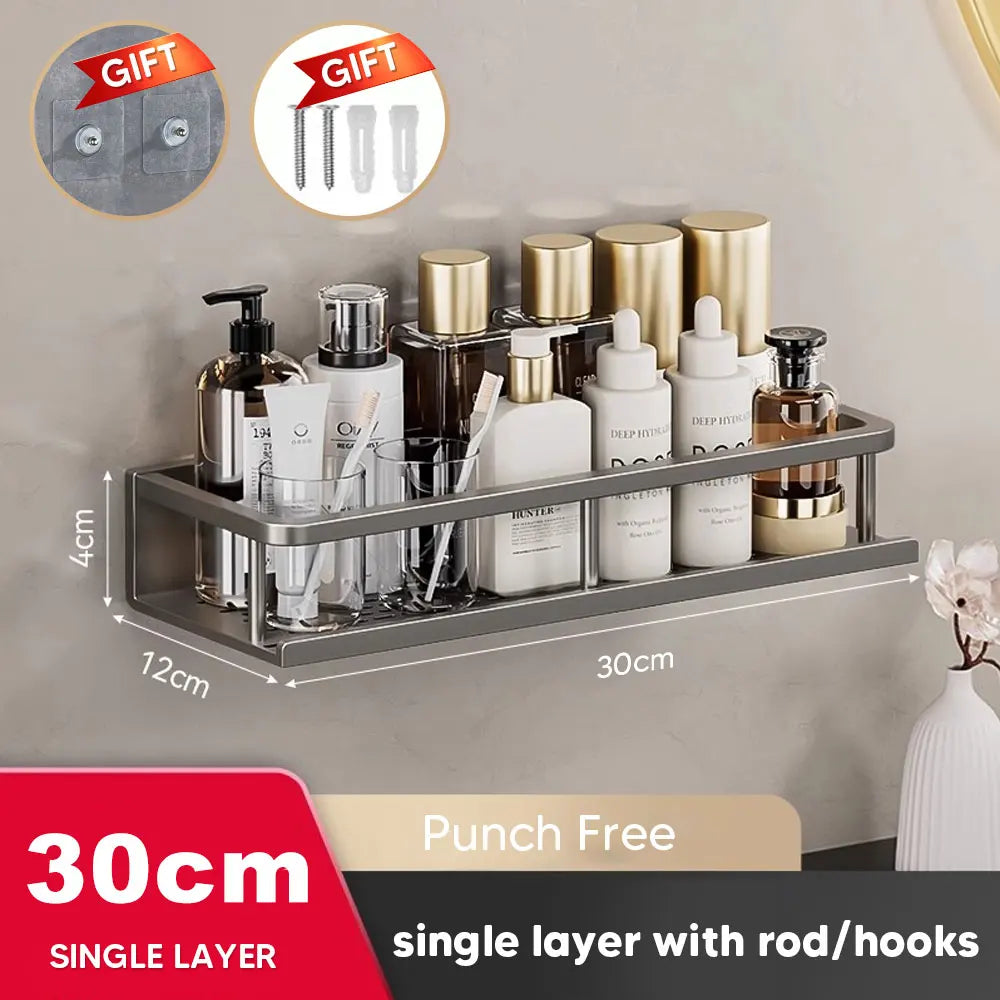 30/40/50CM Punch-Free Bathroom Shelf Shampoo Rack Aluminum Shower Organiser Without Drilling Toilet Shelf Bathroom Accessories