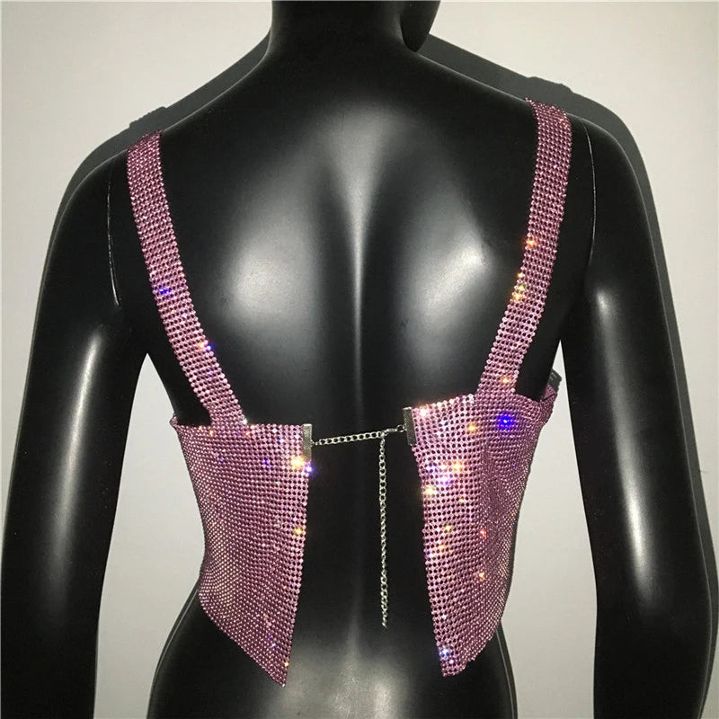 2025 Glitter Nightclub Backless Rhinestone Tank Top Women Sexy Metal Crystal Diamonds Sequined Night Club Party Wear Crop Top