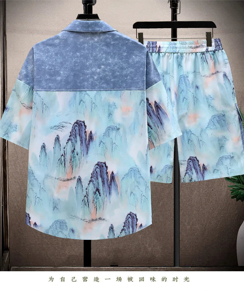 Shirts + shorts 2025 summer Sportswear Men's fashion short sleeve printing Sets Male shirts and shorts Casual Shirts Two Piece