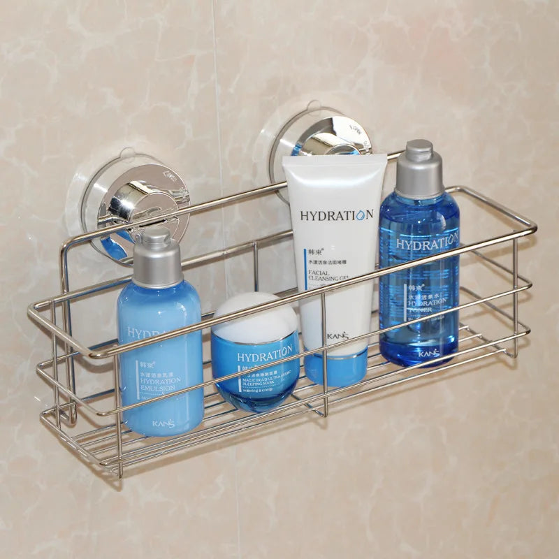 Bathroom Shelf Organizer Shower Storage Rack Stainless Steel Wall Mounted Toilet Shampoo Holder No Drill Vacuum Suction Cup
