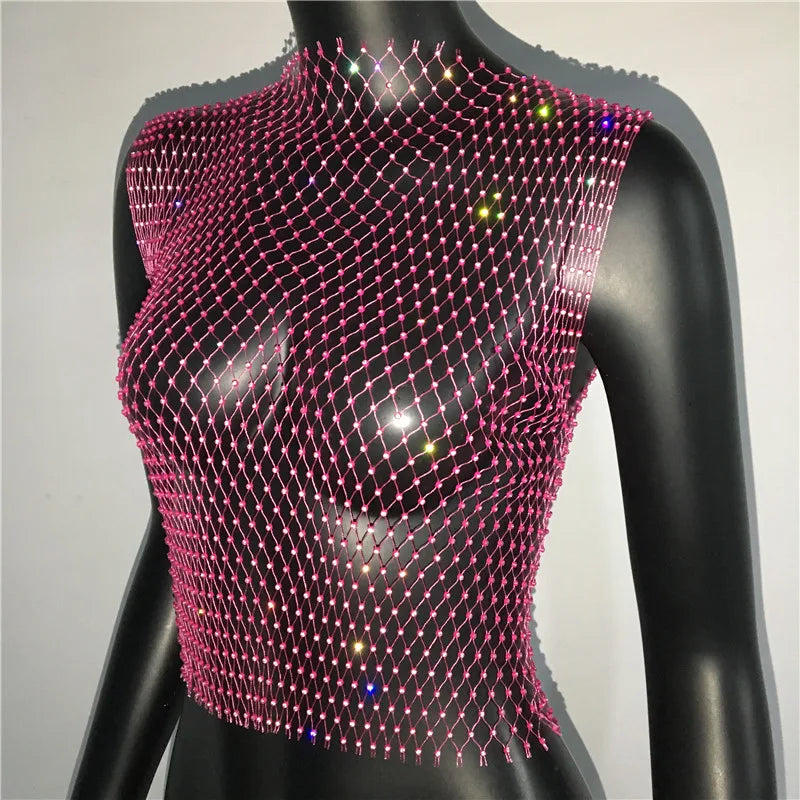 FestivalQueen Sexy Diamonds Mesh Cropped Tank Top Women Summer Cover Up Bikini See Through Rhinestone Net Party Club Crop Top