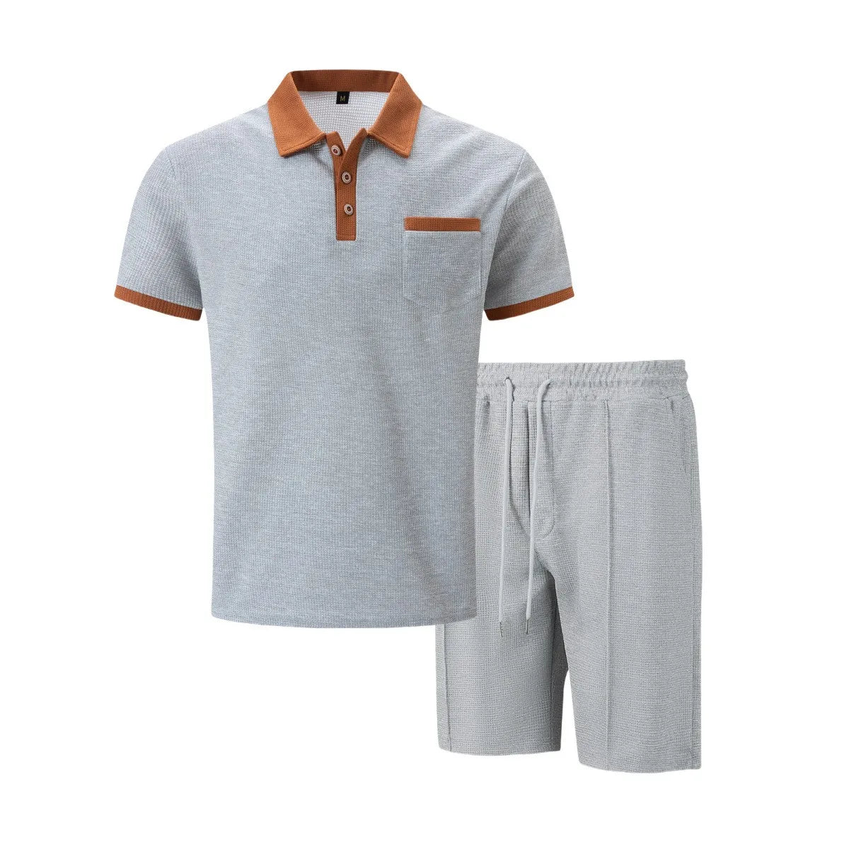 2025 summer new men waffle pocket color matching POLO shirt short sleeve shirt T-shirt shorts two sets