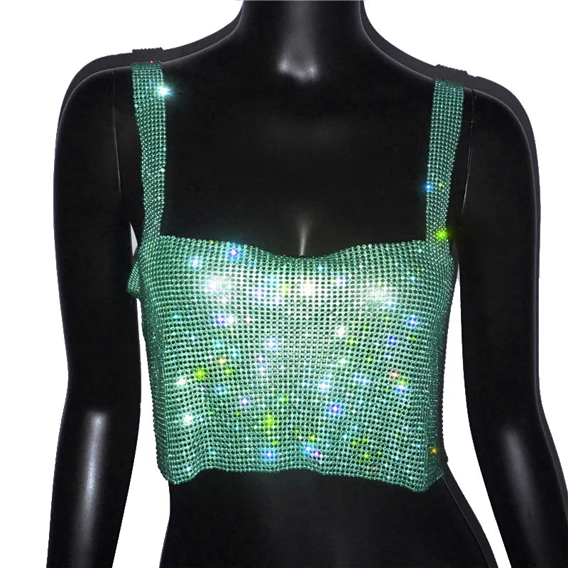2025 Glitter Nightclub Backless Rhinestone Tank Top Women Sexy Metal Crystal Diamonds Sequined Night Club Party Wear Crop Top