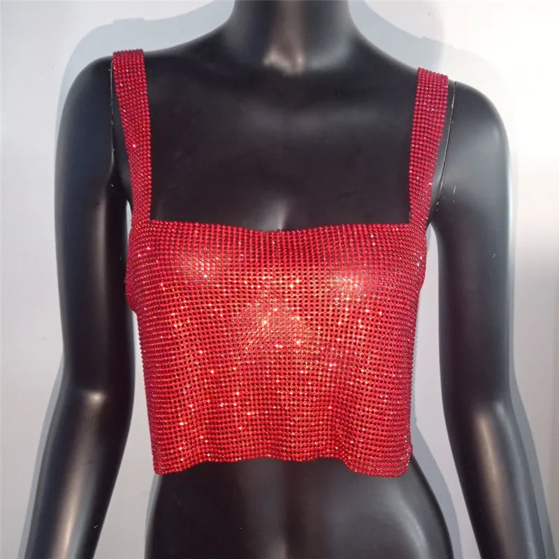 2025 Glitter Nightclub Backless Rhinestone Tank Top Women Sexy Metal Crystal Diamonds Sequined Night Club Party Wear Crop Top