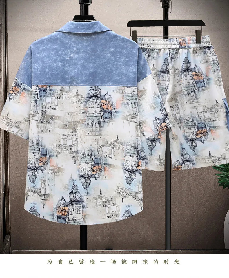 Shirts + shorts 2025 summer Sportswear Men's fashion short sleeve printing Sets Male shirts and shorts Casual Shirts Two Piece