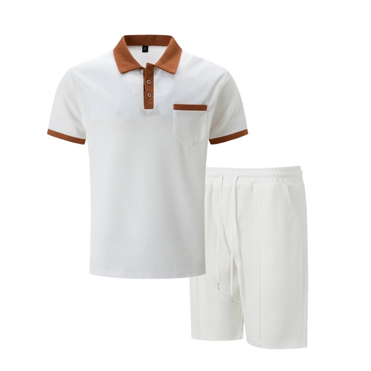 2025 summer new men waffle pocket color matching POLO shirt short sleeve shirt T-shirt shorts two sets