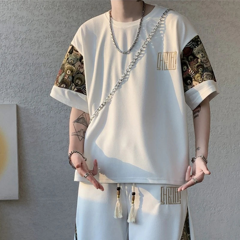 2025 Summer Leisure Men Set Bear Graffiti Tees T-shirt+shorts 2-piece Comfortable and Breathable for Men Top Print Tshirts Sets