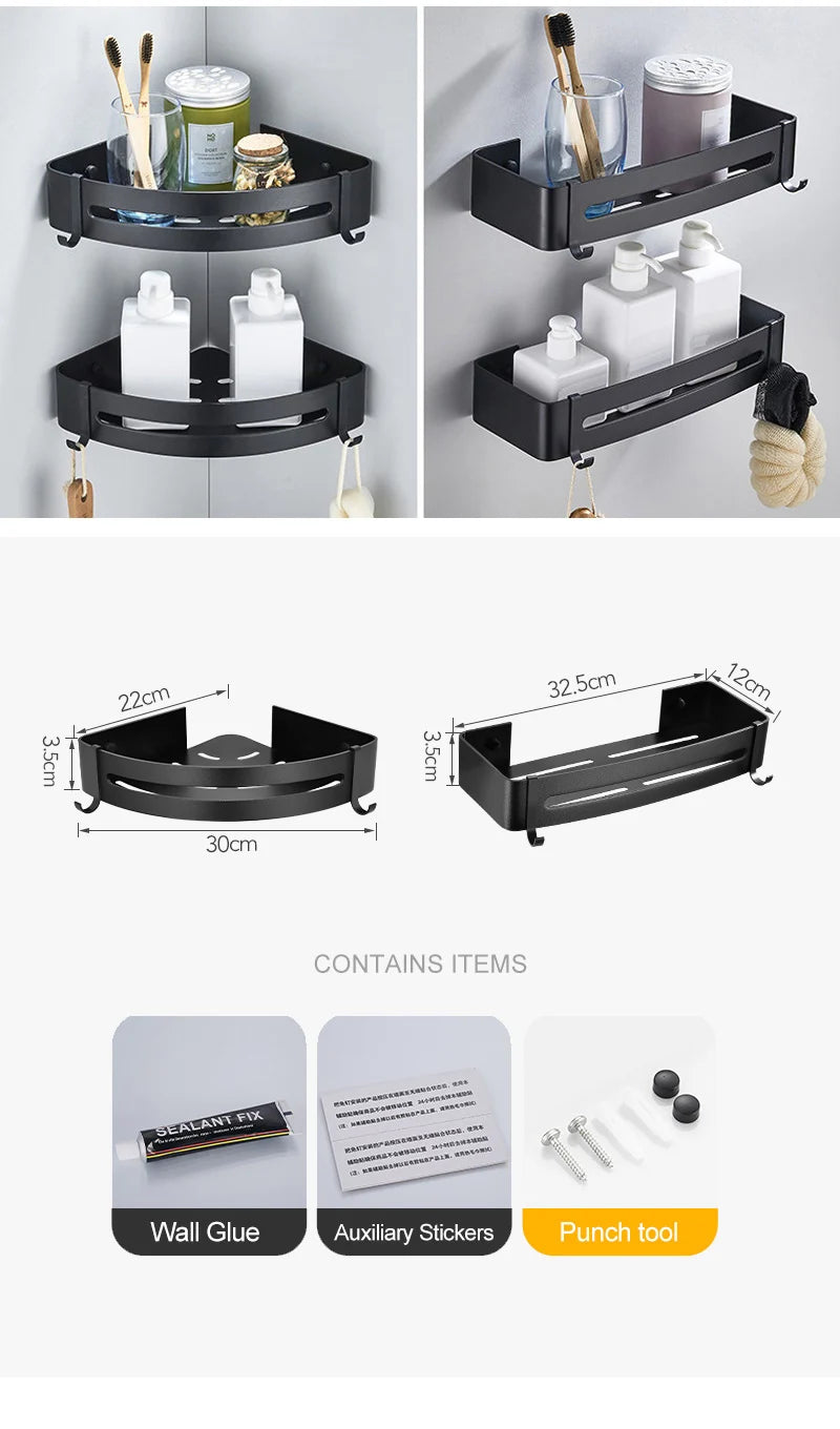 Bathroom Shelf Organizer Shower Storage Rack Black Corner Shelves Wall Mounted Aluminum Toilet Shampoo Holder No Drill