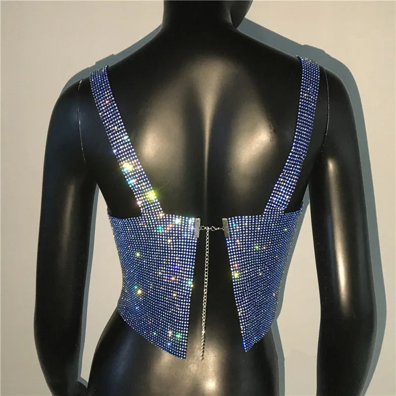2025 Glitter Nightclub Backless Rhinestone Tank Top Women Sexy Metal Crystal Diamonds Sequined Night Club Party Wear Crop Top