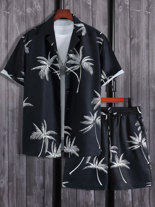 Hawaiian Coconut Tree 3D Print Men's Shirt and Shorts Two-Piece Set Casual Vacation Men's Shirt Set Short Sleeve Button Shirt