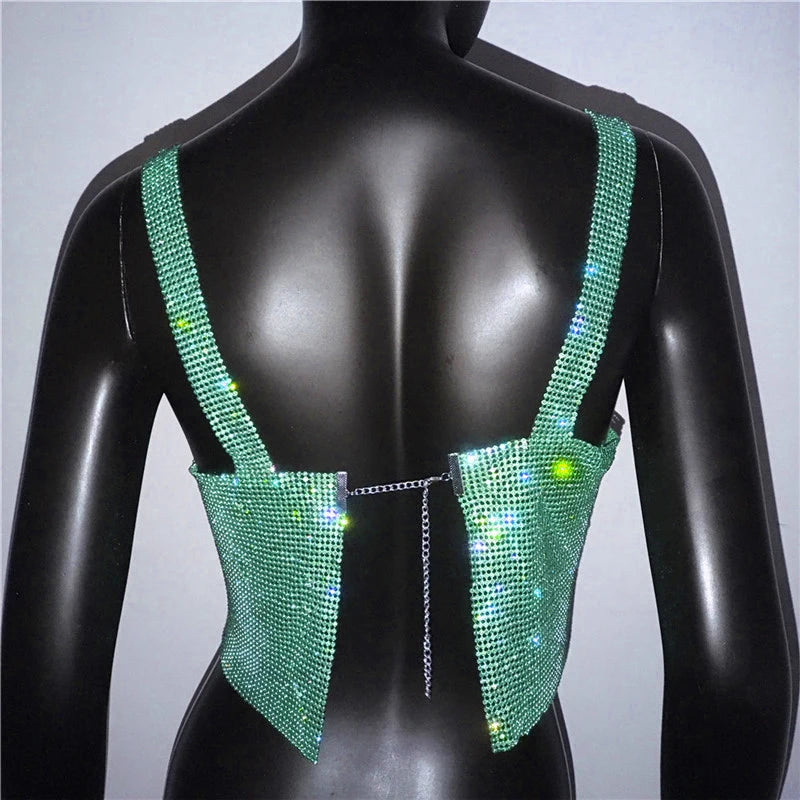 2025 Glitter Nightclub Backless Rhinestone Tank Top Women Sexy Metal Crystal Diamonds Sequined Night Club Party Wear Crop Top