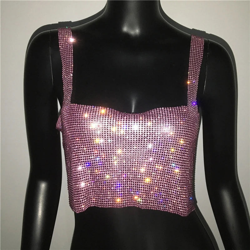 2025 Glitter Nightclub Backless Rhinestone Tank Top Women Sexy Metal Crystal Diamonds Sequined Night Club Party Wear Crop Top