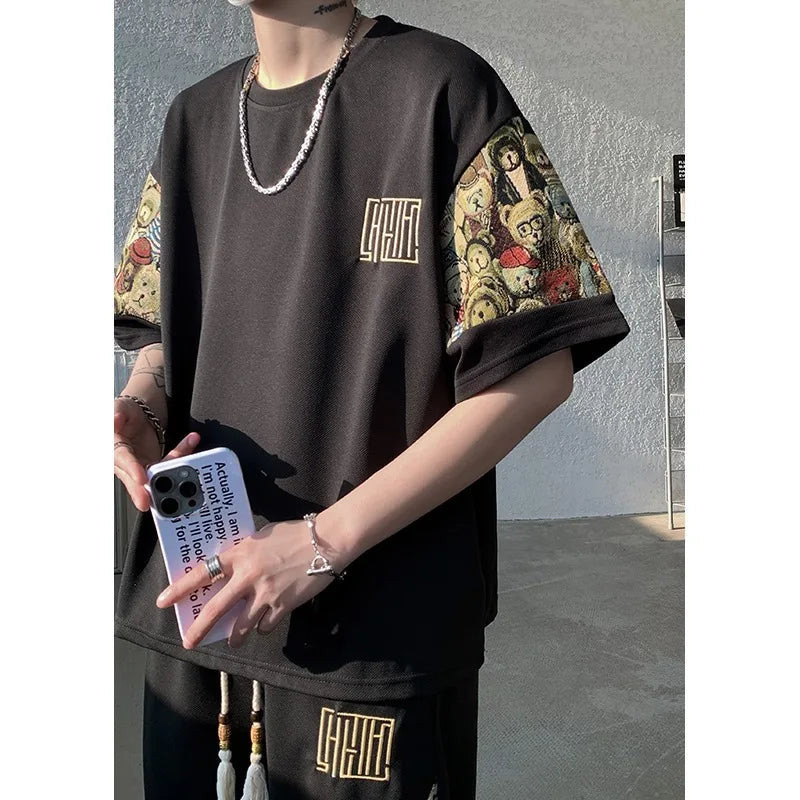 2025 Summer Leisure Men Set Bear Graffiti Tees T-shirt+shorts 2-piece Comfortable and Breathable for Men Top Print Tshirts Sets
