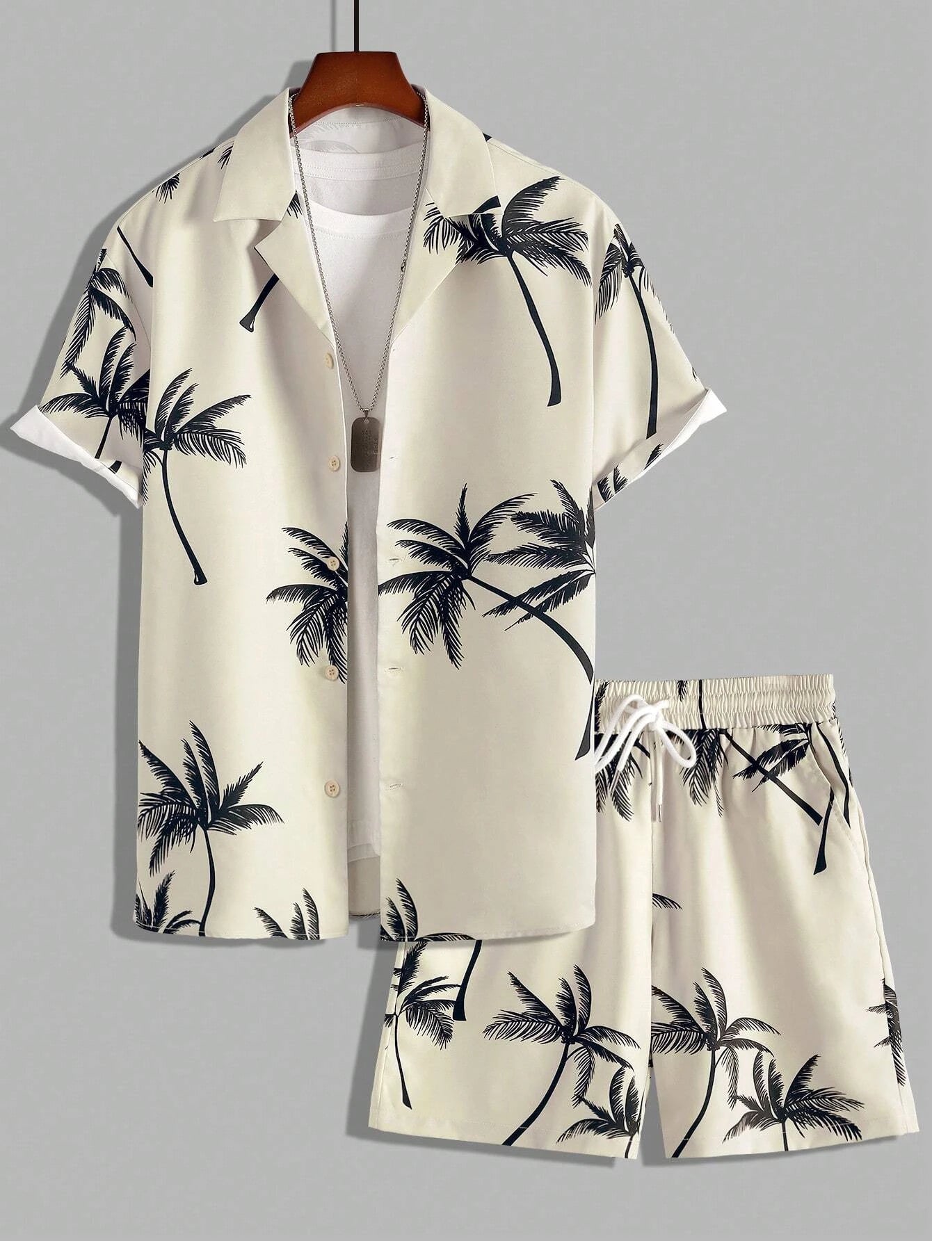 Hawaiian Coconut Tree 3D Print Men's Shirt and Shorts Two-Piece Set Casual Vacation Men's Shirt Set Short Sleeve Button Shirt