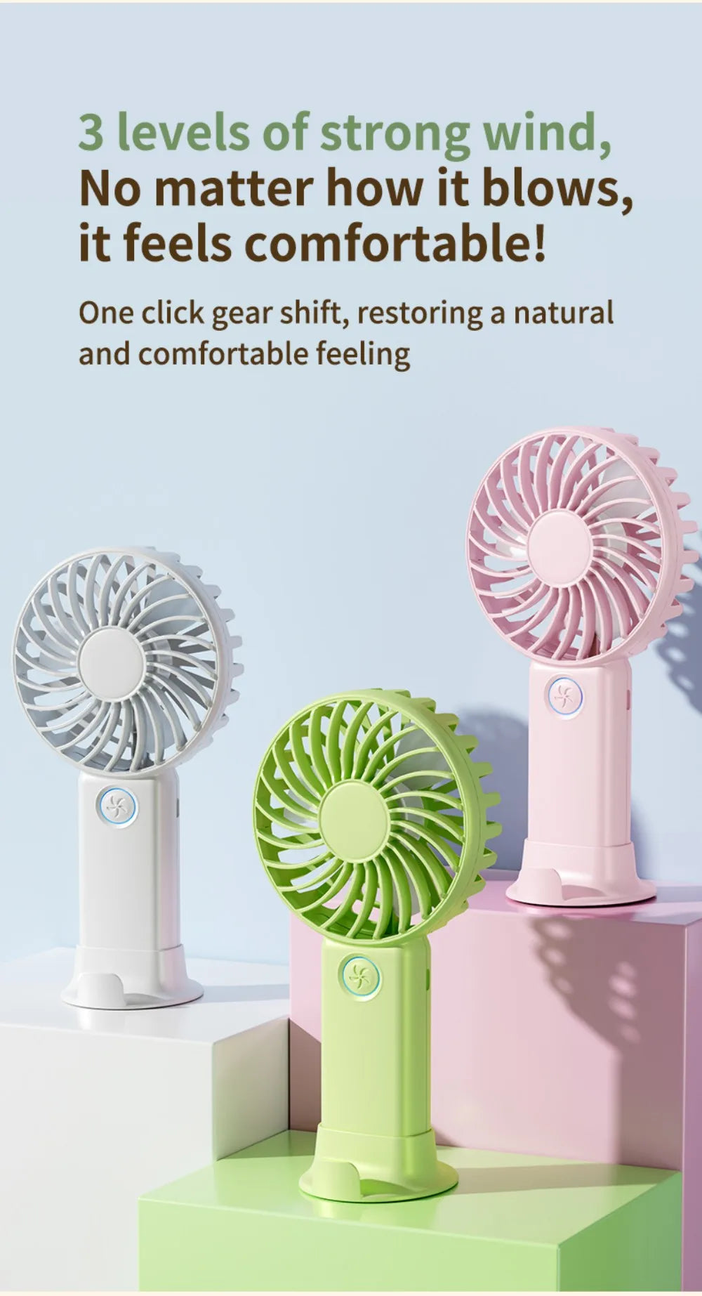 Portable Mini Fan USB Outdoor Handheld Fan with Desktop Phone Holder 3Wind Adjustments Long Working Life Multi-function Mini Fan