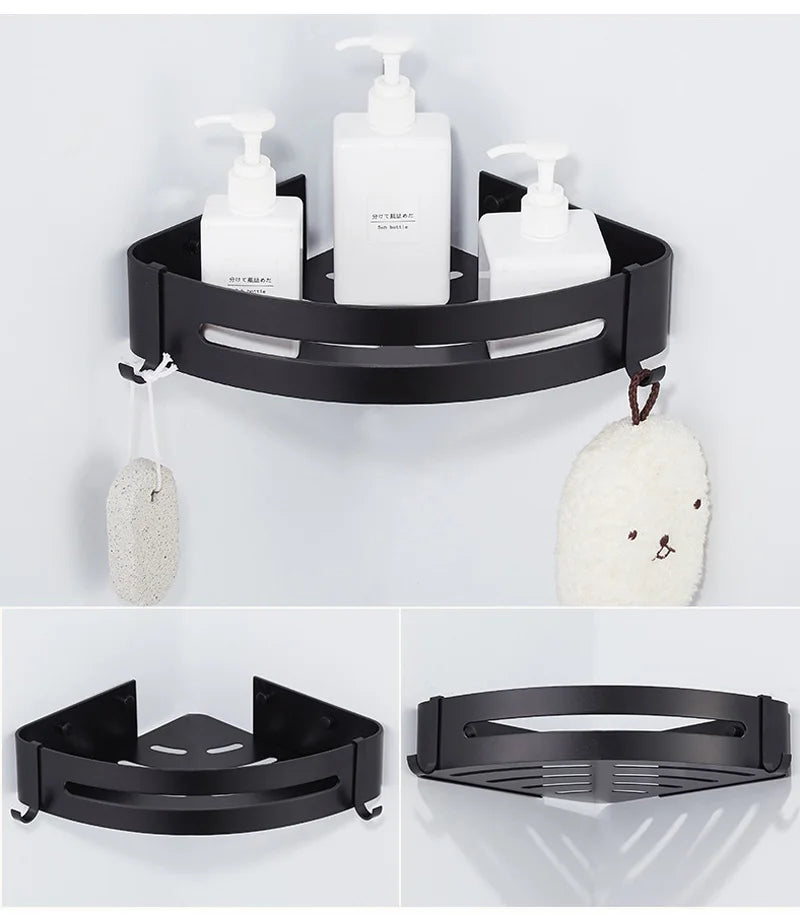 Bathroom Shelf Organizer Shower Storage Rack Black Corner Shelves Wall Mounted Aluminum Toilet Shampoo Holder No Drill