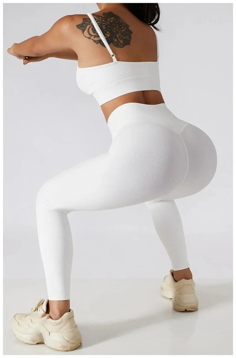 High Waist Yoga Pants Women Seamless Sport Pants Ribbed Knitted Fitness Leggings Solid White Running Pants Quick Dry Gym Leggins