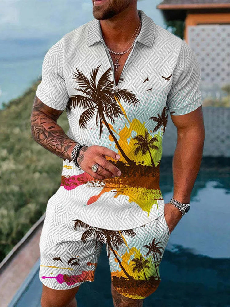 Funny Coconut Tree Print Men's Sets Summer Fashion Zip Polo Short Sleeve Tops +Shorts Outfit Hawaiian Beach Vacation Casual Suit