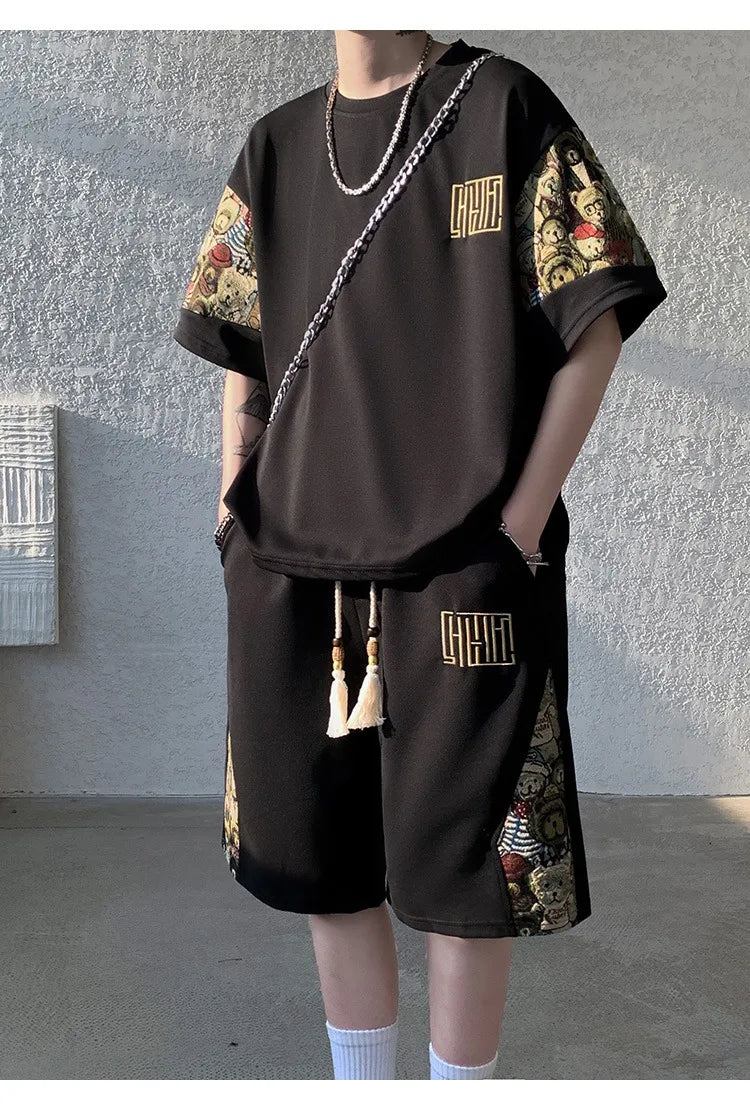 2025 Summer Leisure Men Set Bear Graffiti Tees T-shirt+shorts 2-piece Comfortable and Breathable for Men Top Print Tshirts Sets