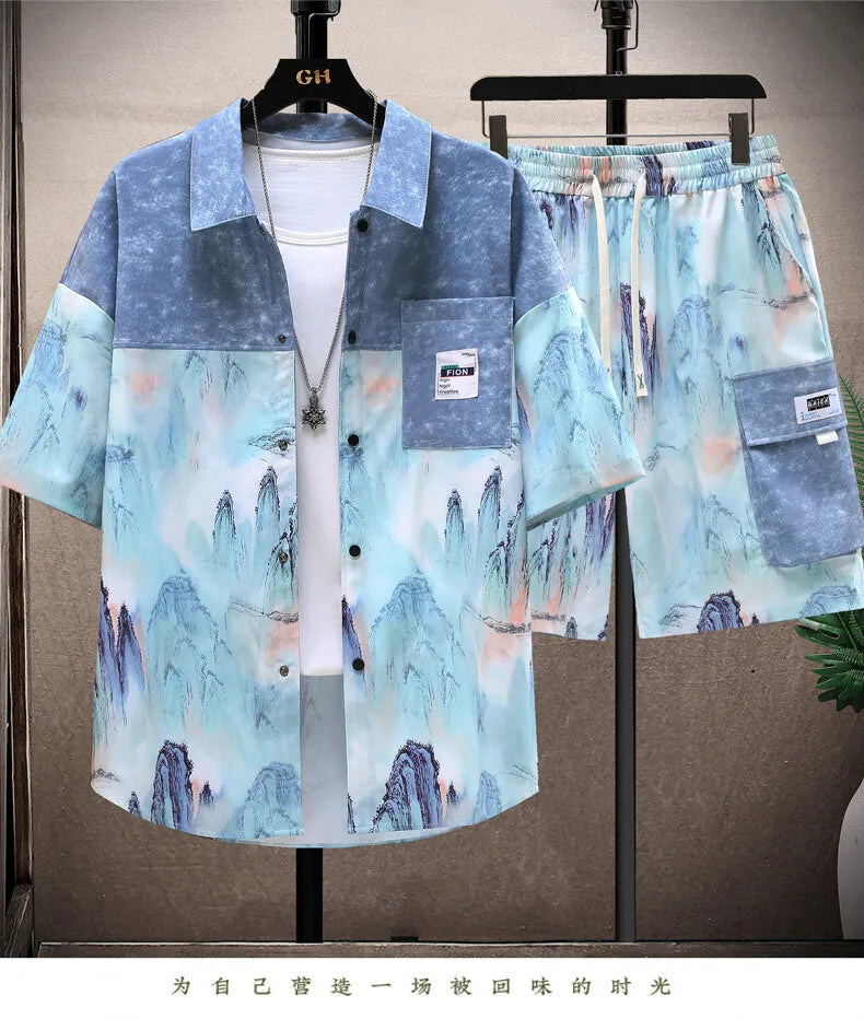 Shirts + shorts 2025 summer Sportswear Men's fashion short sleeve printing Sets Male shirts and shorts Casual Shirts Two Piece