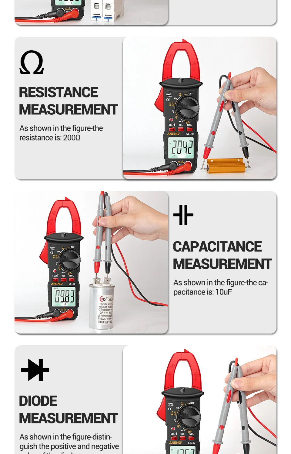 ANENG ST180 AC Current Clamp Meter  Digital 4000 Counts Multimeter Ammeter Voltage Tester Car Amp Hz Capacitance NCV Ohm Tool